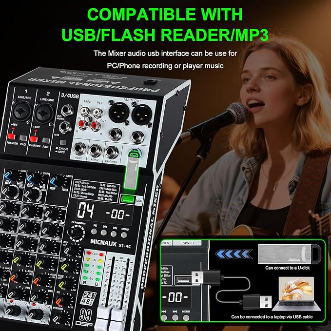 Audio Mixer 4 Channel Professional Sound Mixer Console with 99 DSP Effects, Small Mixing Board DJ Mixer w/USB, Bluetooth, 48V Power Supply, PAD Button for Recording Karaoke PA Drum Live Music