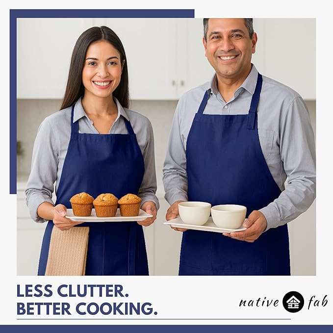 Native Fab Kitchen Apron 2 Pack - 100% Cotton Adjustable, Durable Apron with Pockets, Perfect for Cooking, Baking, Grilling