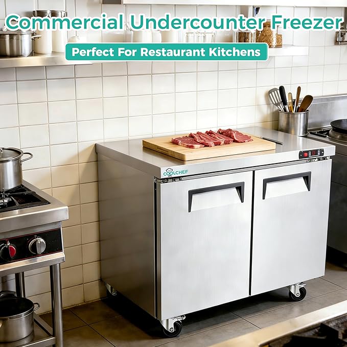 48" Commercial Double Door Worktop Freezer, 12.2 Cu.ft Stainless Steel Undercounter Freezer, -8–0°F, R290