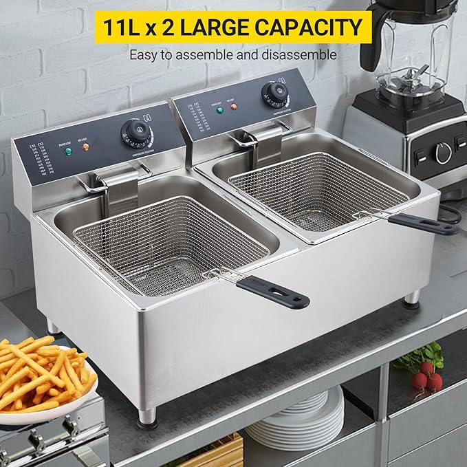 Twin 11L Commercial Deep Fryer | Dual 201 Stainless Steel Tanks with 2 Baskets & Lids | 3400W Total (1700W x 2) 110V for Restaurant & High-Volume Use