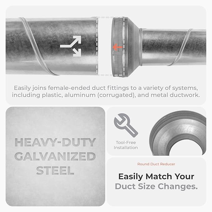 8" to 5" Inch Round Duct Reducer - Male Fit Galvanized Steel Pipe Increaser - Coupling for Round Duct Ventilation Systems - Heating & Cooling HVAC - Vent Pipe Adapter, Duct Connector