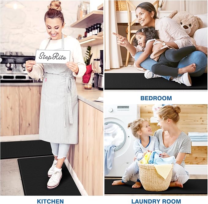 StepRite Kitchen Mats, 2PCS Kitchen Rugs, Cushioned Anti Fatigue Kitchen Mats for Floor, Non-Slip Standing Desk Mat, Waterproof Kitchen Rug Set for Kitchen, 20" x 32"+20" x 48"-0.4 inch Thick, Black