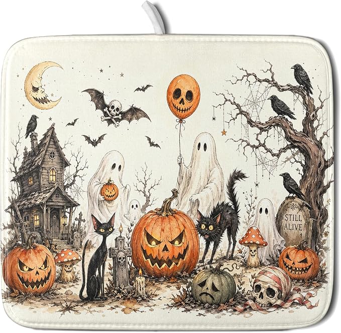 Giwawa Halloween Pumpkin Ghost Dish Drying Mat Black Cat Microfiber Dishes Pad by Giwawa