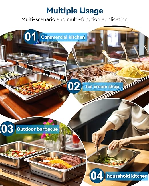 4 Pack Hotel Pans with Lids, 1/2 Size 2.5" Deep Stainless Steel Steam Table Pans 22 Gauge Anti Jam 12.8" L x 10.4" W Commercial Food Storage Containers Metal Pan