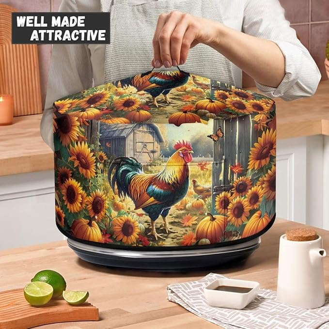 Rooster Sunflower Pumpkin Print Slow Cooker Dust Cover Compatible with 6/7/8 Quart Slow Cooker Dust Proof Electric Slow Cooker Cover with Storage Pocket for Crock Pot Accessories