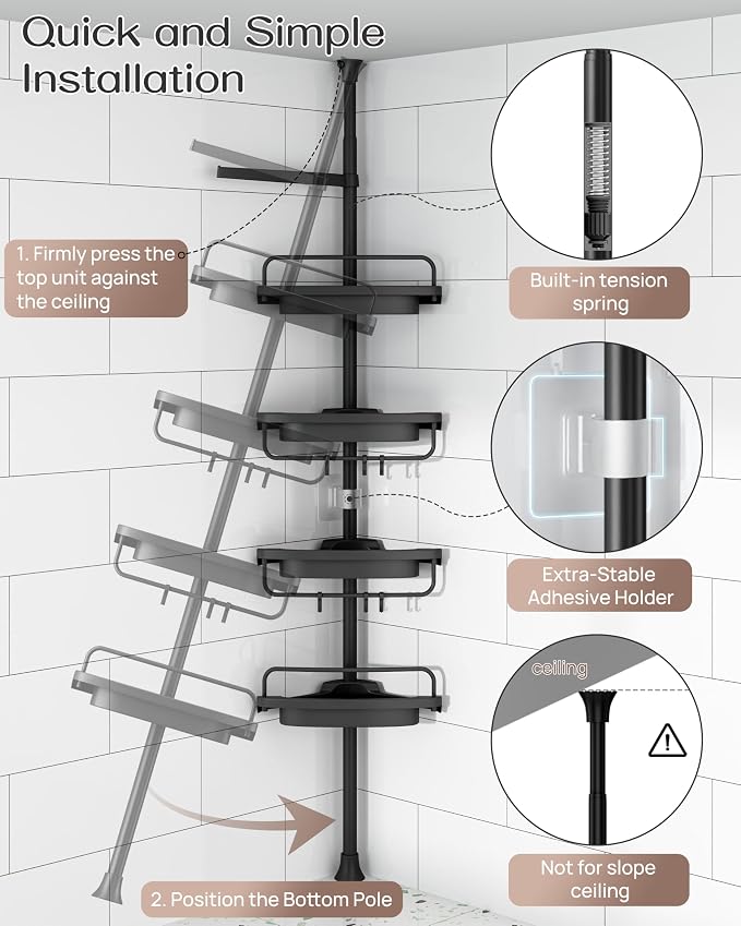 ALLZONE Corner Shower Caddy Tension Pole, Extendable Rustproof Stainless Steel - Image 4
