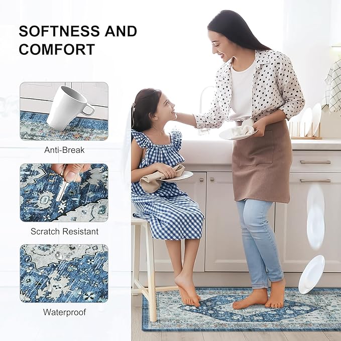 Collive Boho Kitchen Rugs Set of 2 Non Skid Kitchen Mats for Floor Cushioned Anti Fatigue Kitchen Floor Mats Waterproof Comfort Heavy Duty Foam Mats for Standing Desk Sink Laundry, 17"x30"+17"x47"