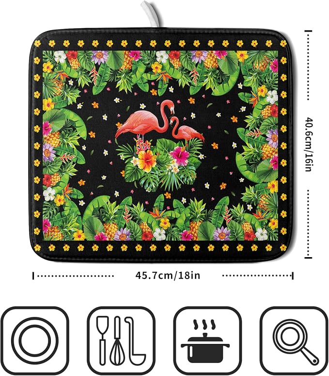 Giwawa Tropical Flamingo Dish Drying Mat Palm Leaves Absorbent Dishes Drainer - Image 2