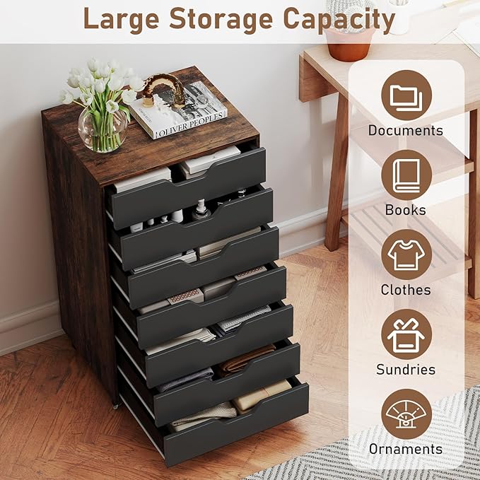7 Drawer File Cabinet, Mobile Filing Cabinet w/Universal Wheels, Wood Printer Stand with Storage, Rolling File Cabinets for Home Office, Living Room, Bedroom (Rustic Brown, 7 Drawers)