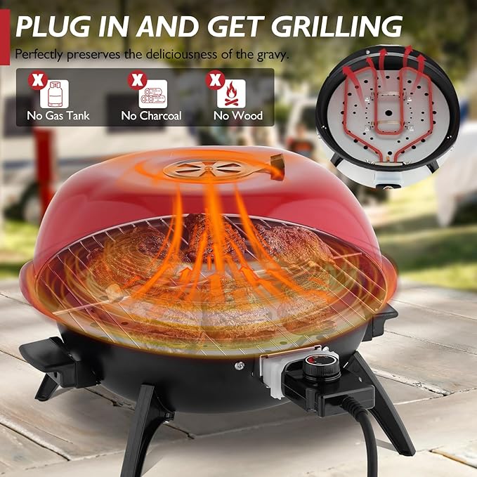 Outvita Indoor/Outdoor Electric Grill, 1600W Portable Removable Stand Grill with Double Layer Design for Countertops, BBQ, Patio & Backyard (Red)