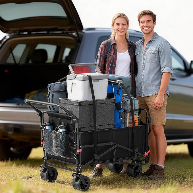 LEVELEVE Heavy Duty Folding Wagon - 2-in-1 Collapsible Cart, 650lb Capacity, All-Terrain Wheels w/Brakes & Side Pockets (Black)
