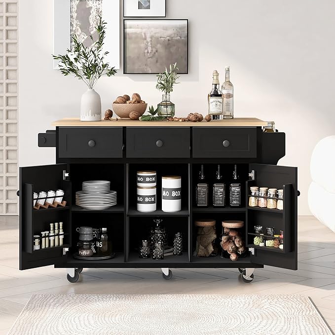 Merax Mobile Kitchen Island Cart Cabinet with Door Internal Storage Racks, 3 Drawers and 5 Rolling Wheels for Dining Room