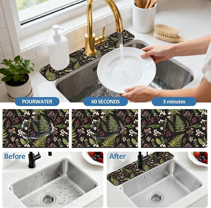 2 Pcs Kitchen Sink Splash Guard Faucet Mat Vintage Fern and Berries Pattern - Image 5