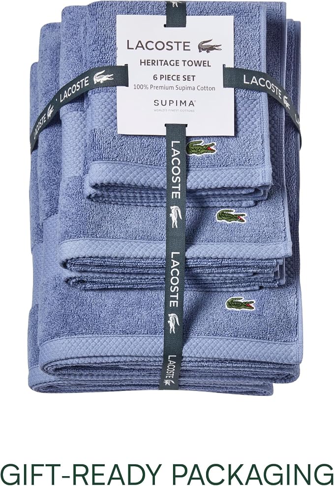 Lacoste Heritage Supima Cotton 6-Piece Towel Set, Light Denim | Highly Absorbent - Image 4