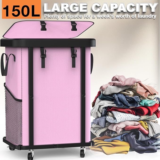 Laundry Basket with Wheels, 150L Rolling Hamper Carts - Image 2