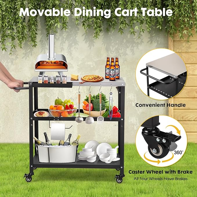 Outdoor Grill Cart Table,Indoor and Outdoor Pizza Oven Table,with 4 Movable Total Lock Casters, Hooks, Side Handle Multifunctional (Black) (Stainless Steel)