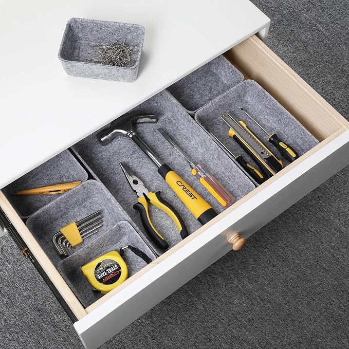 7pc Felt Desk Drawer Organizers Trays Gray Office Home Storage Bins - Image 3