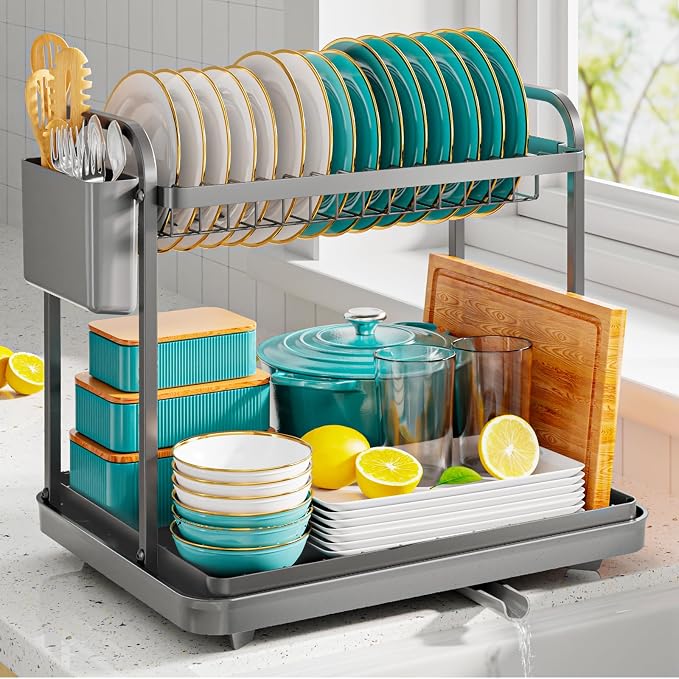 Sakugi Dish Drying Rack 2-Tier 15" x11.4" x15" Gray Double Rod | Kitchen by Sakugi