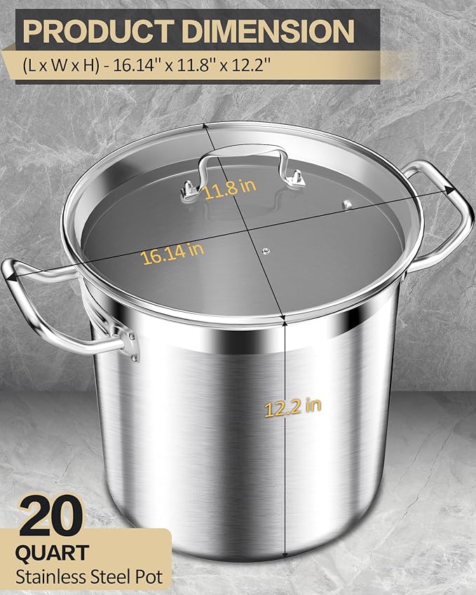 Stainless Steel 20 Quart Stockpot with Tempered Glass Lid, 3-Ply Base, 8.8 lbs, Polished Finish, Suitable for Stovetop and Oven, Dishwasher Safe
