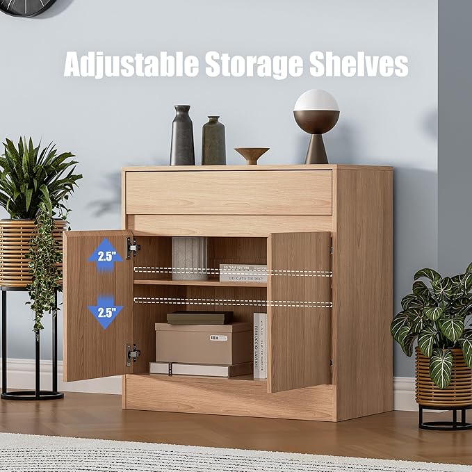 Buffet Cabinet with 2 Doors and Drawer, Coffee Bar Cabinet with Adjustable Shelf, Modern Kitchen Buffet Sideboard for Living Room, Kitchen, Oak