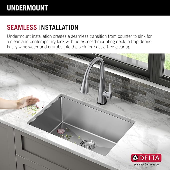 DELTA FAUCET Delta Lenta 23-inch Undermount 16 Gauge Stainless Steel Single Bowl Kitchen Sink with Accessories, 953034-23S-SS, Satin