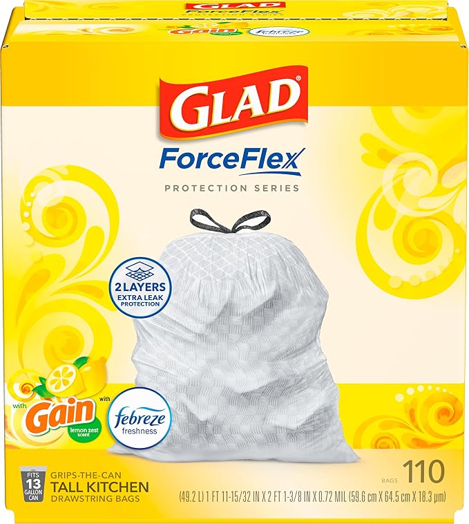Glad ForceFlex Tall Kitchen Trash Bags, 13 Gallon, Gain Lemon Zest by GladTrashFoodStorage