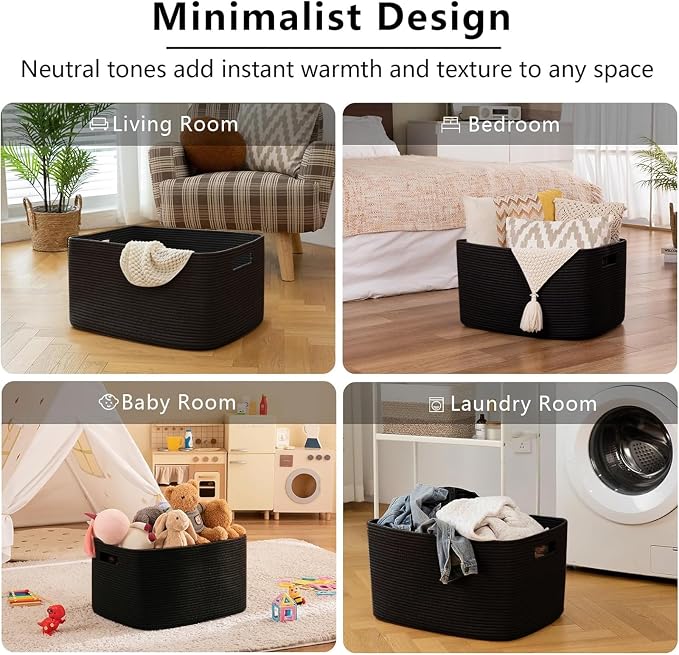 OIAHOMY 96L XXXLarge Blanket Basket Woven Cotton Rope Storage Basket Black - Image 6