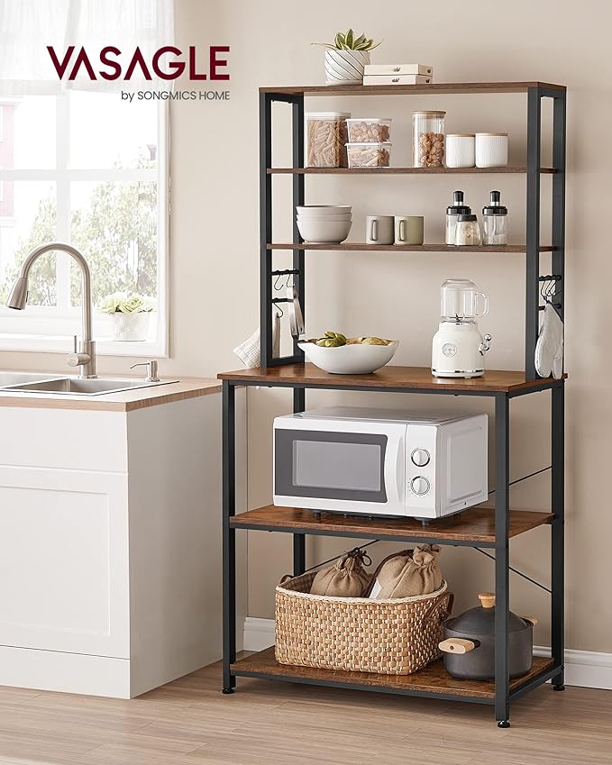 VASAGLE Coffee Bar, 31.5 Inches Baker's Rack for Kitchen with Storage, 6-Tier Kitchen Shelves with 6 Hooks, Microwave Stand, Industrial, Rustic Brown and Ink Black UKKS019B01