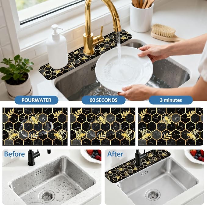 2 Pcs Marble Honeycomb Kitchen Sink Splash Guard Faucet Mat | Gold-edged Faucet - Image 5