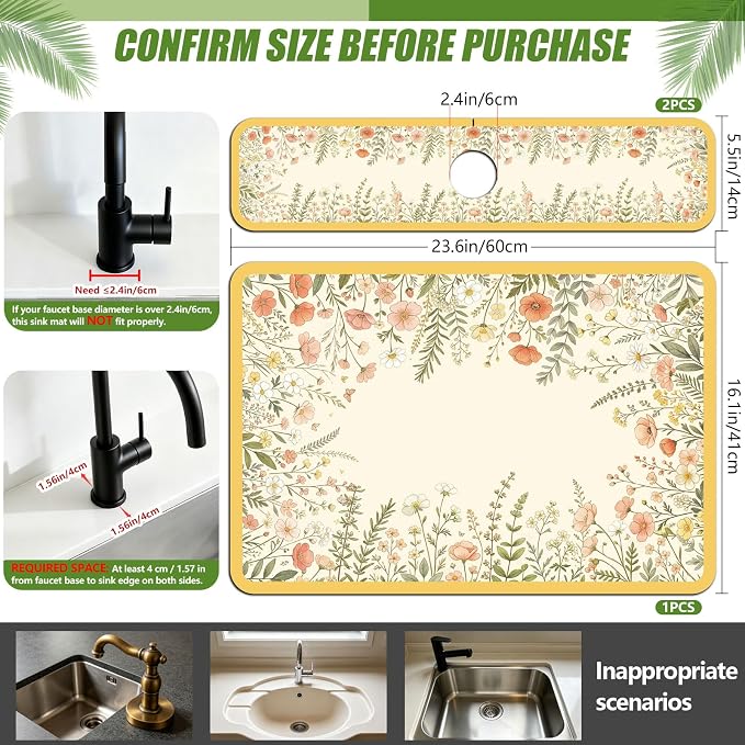 3 Pcs 2 Size Kitchen Sink Splash Guard Faucet Mat Watercolor Floral Frame - Image 2