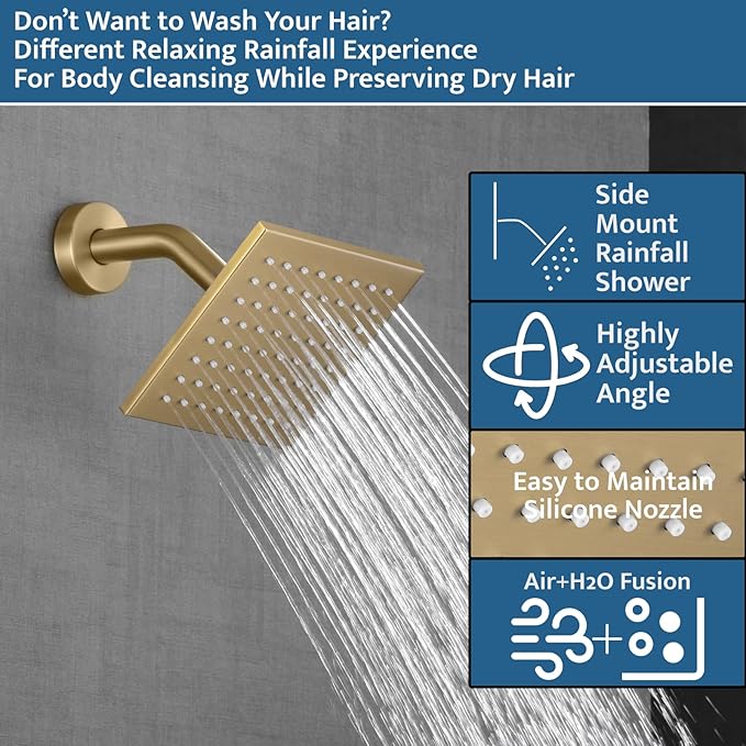 Shower System Brushed Gold, Push Button Diverter Shower Faucet with 3 in 1 Handheld, Ceiling Mount 12 Inch Shower Head with 6 Inch Wall Mount Shower Head