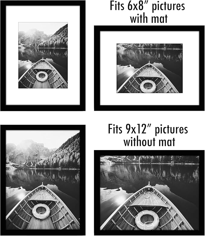 Americanflat 9x12 Picture Frame with Polished Plexiglass - Set of 5 - Use as 6x8 Frame with Mat or Display 9x12 Photo Without Mat - Galleria Collection - Picture Frames for Wall Display - Black