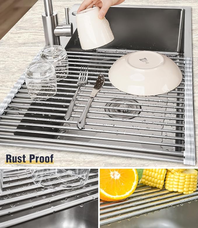 Tomorotec Roll Up Dish Drying Rack Over Sink, 304 Steel, Marble | Anti-Slip - Image 2