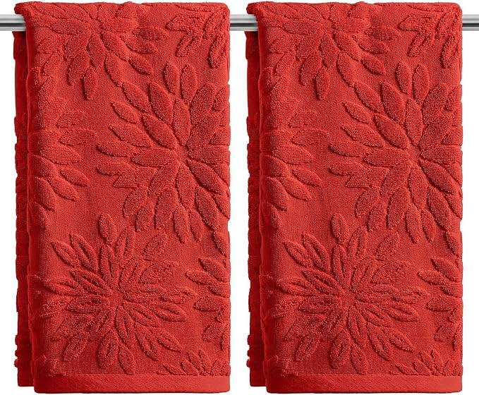 Artoid Mode 2 Pcs Red 3D Dahlia Floral Jacquard Hand Towels by ArtoidMode