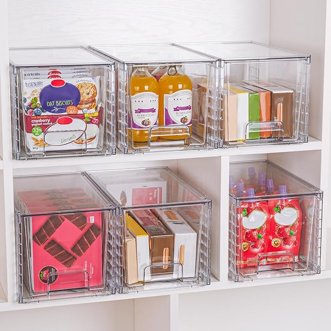 Vtopmart 8 Pack Large Stackable Storage Drawers,Clear Acrylic Drawer Organizers with Handles, Easily Assemble for Fridge, Bathroom,Kitchen Undersink,Cabinet,Pantry Organization and Storage