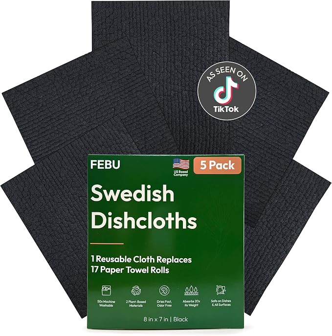 FEBU Swedish Dishcloths for Kitchen, 5 Pack, Solid Black by FEBU