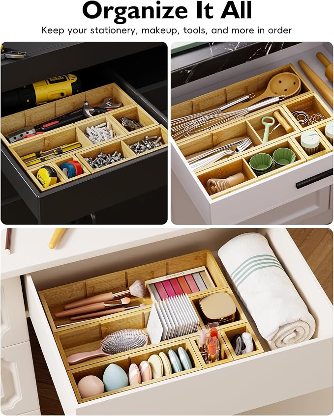12-Piece Bamboo Drawer Organizer Set, 24 Compartments Modular Storage | Natural - Image 7