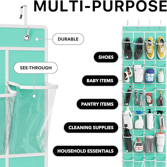 Simple Houseware 24 Pockets Clear Over the Door Shoe Organizer, Turquoise | 64" - Image 5
