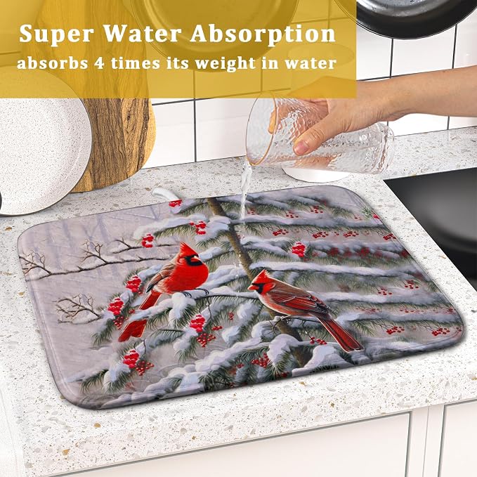 Red Birds Dish Drying Mat Winter Berry Dish Drainer Mats Absorbent Reversible - Image 7