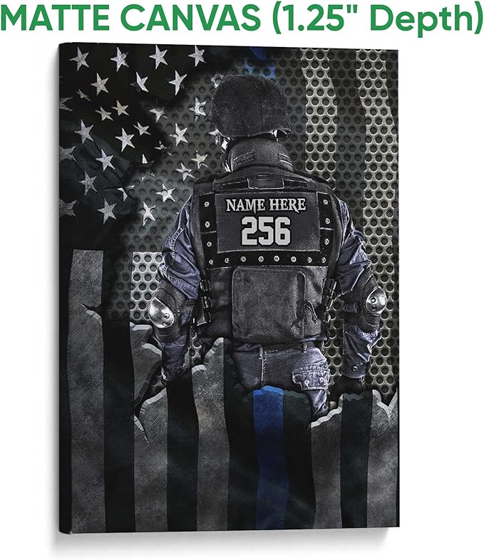 Personalized Police Poster & Framed Canvas, Policeman Thin Blue Line Us Flag Home Office Decor, Custom Name Number Bedroom Living Room Aesthetic Wall Art Gift For Husband, Dad, Men