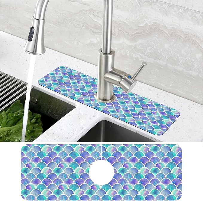 Watercolor Rainbow Scales Sink Faucet Absorbing Mat Sink Splash Guard Faucet - Image 4