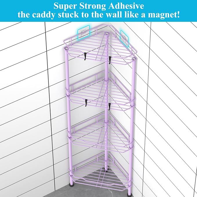 HuggieGems Metal Floor Standing Corner Shower Caddy, Light Purple, 4 Tier - Image 2