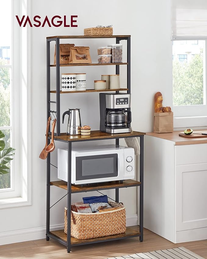 VASAGLE Coffee Bar, 23.6 Inches Baker's Rack for Kitchen with Storage, 6-Tier Kitchen Shelves with 6 Hooks, Microwave Stand, Industrial, Rustic Brown and Ink Black UKKS024B01