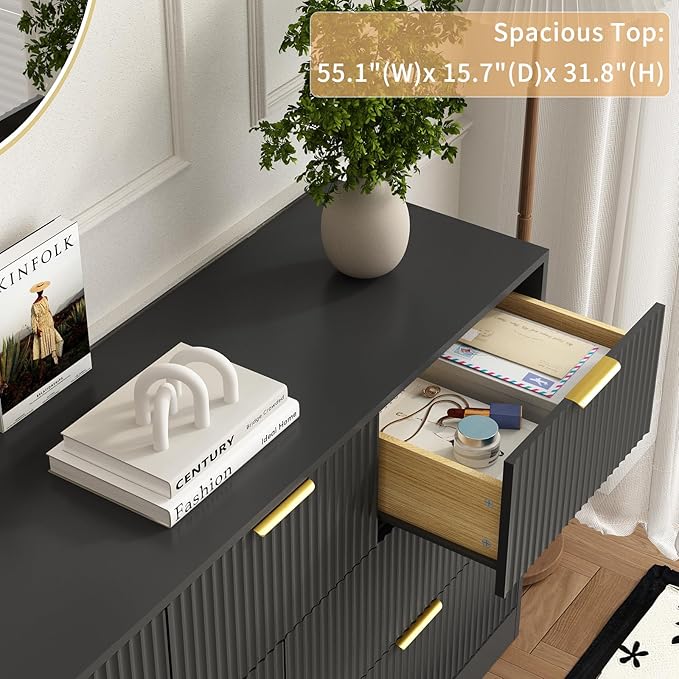 7 Drawers Dresser for Bedroom,55" Wide Fluted Dresser with Deep Drawers, Modern Chest of Drawers, Wood TV Stand Storage Organizer for Closet, Living Room, Hallway, Black