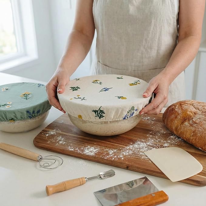 Reusable Bowl Covers (Set of 4) - Breathable Cotton Linen Sourdough Accessories - Elastic Durable Fabric Food Lids for Proofing Baskets & Bread Baking Supplies (Natural Beige)