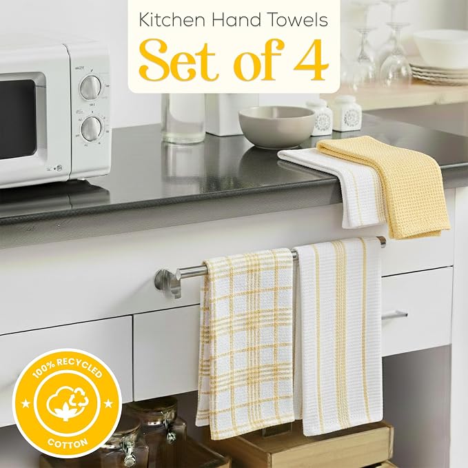 Kitchen Towels Set of 4 Dish Towels Yellow n White Waffle Weave Cotton Hand - Image 2