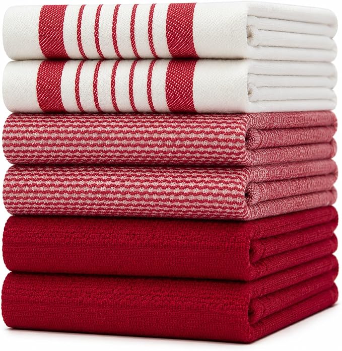 Premium Kitchen Towels 6 Pack 100% Cotton 20"x28" Dish Towels Red Striped by BumbleTowels
