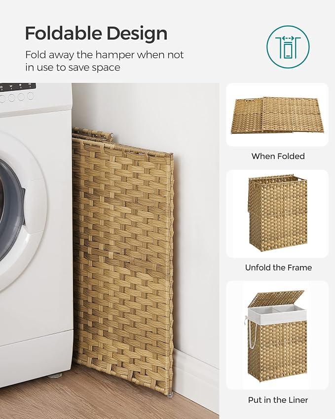 SONGMICS Laundry Hamper with Lid, 90L Double Wicker Basket, 6 Mesh Bags - Image 8