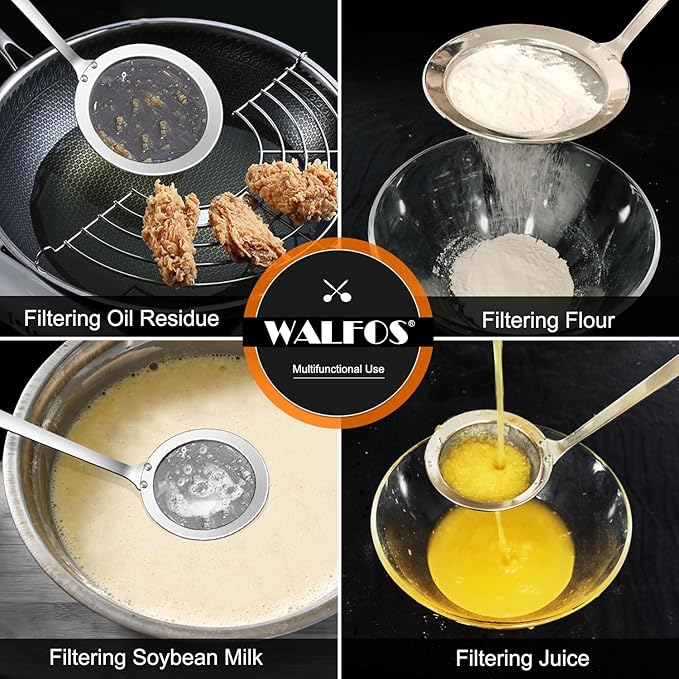 Walfos Fat Skimmer Spoon, 304 Stainless Steel Fat skimmer For Cooking, Fine Mesh Strainer, Food Strainer Fit For Separation Of The Floating Foam, Fat, Grease - Set of 2 Sise