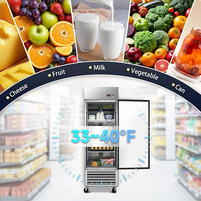 DeepTide 27" W Commercial Upright Refrigerator with Single-Door: 23 Cubic Feet Storage, Adjustable Shelving, Automatic Defrosting, Precision Digital Thermostat, LED Lights, Safety Locks